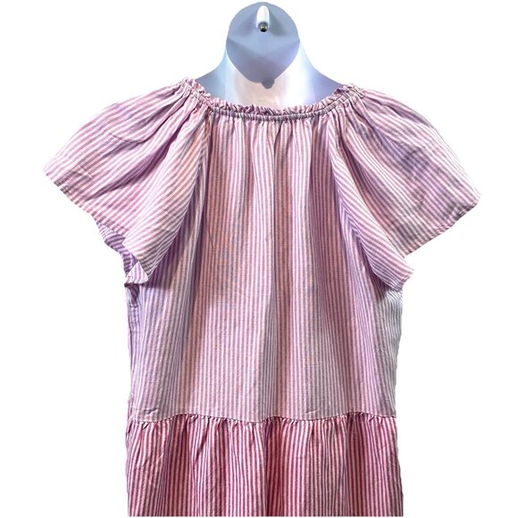 LOFT Womens Dress Striped Tie Neck Tiered Swing Linen Blend Preppy Sz L NWT - Picture 16 of 16